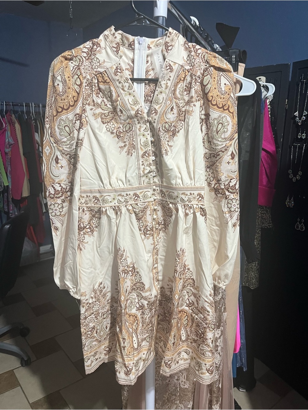 Cream Paisley-Print Long Sleeve Dress